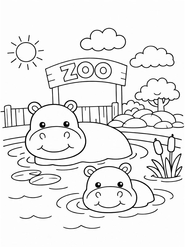 Hippos in the water Colouring page