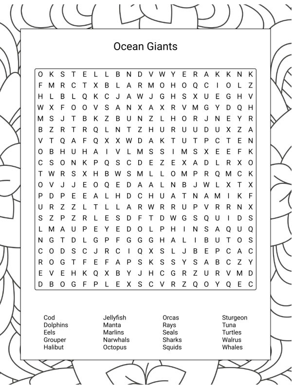 Ocean Animals word search Colouring page Ocean Animals word search Colouring page