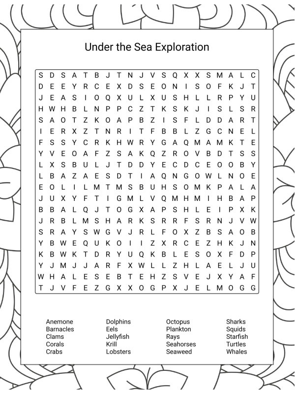 Underwater Animals word search Colouring page Underwater Animals word search Colouring page