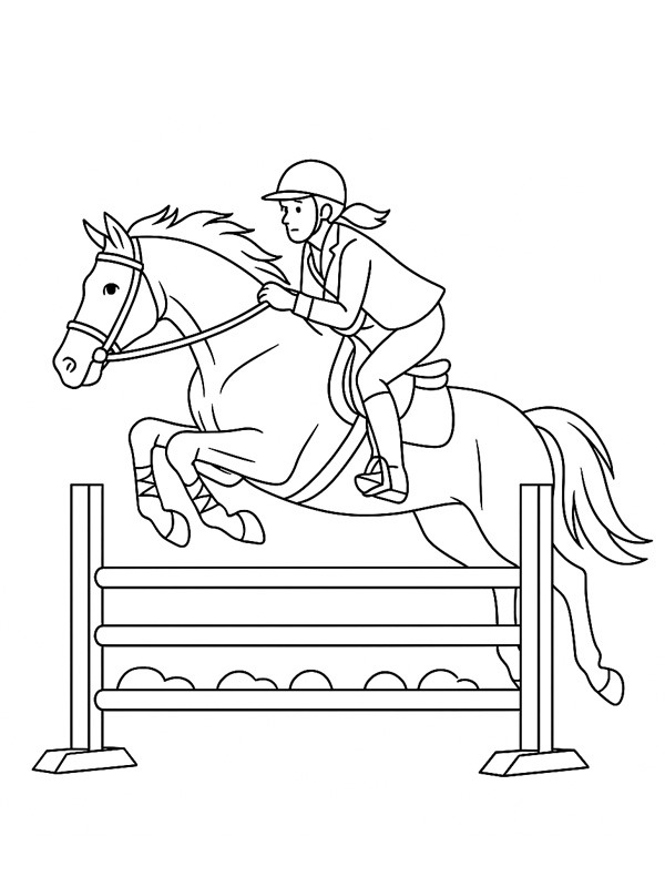 Horse and rider jump over a fence Colouring page