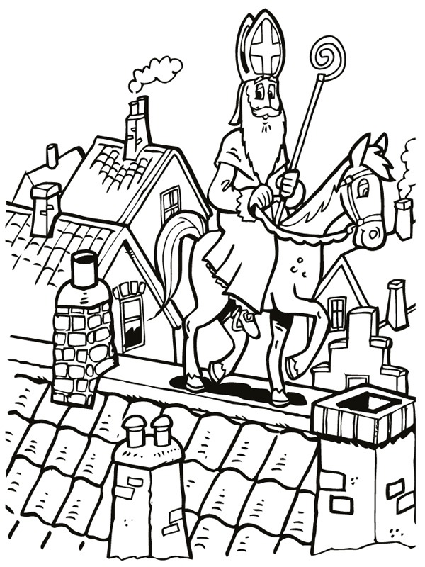 Horse with Saint Nicholas walks across the roof Colouring page