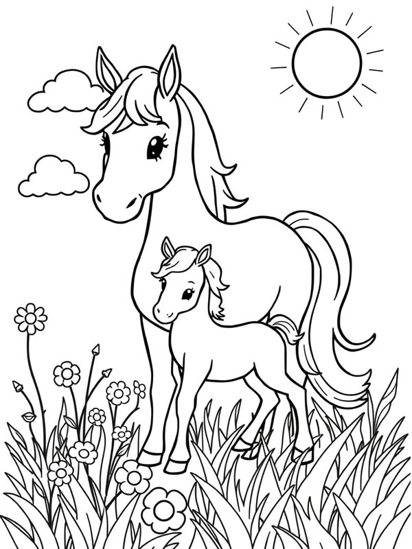 Horse with foal Colouring page