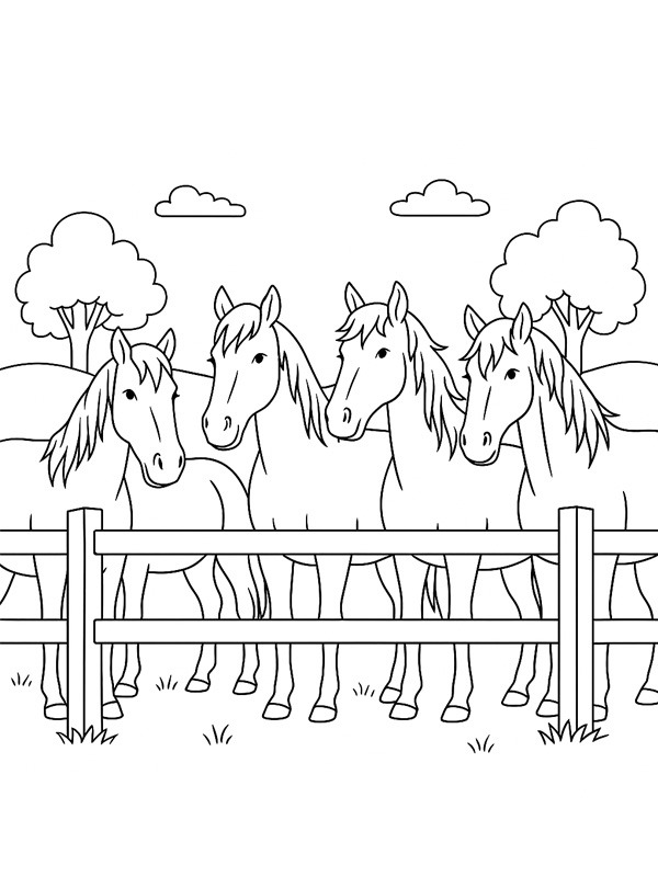 Herd of horses behind fence Colouring page