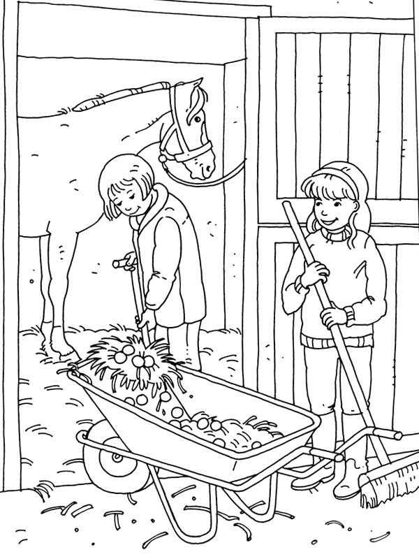 Mucking out the horse stable Colouring page