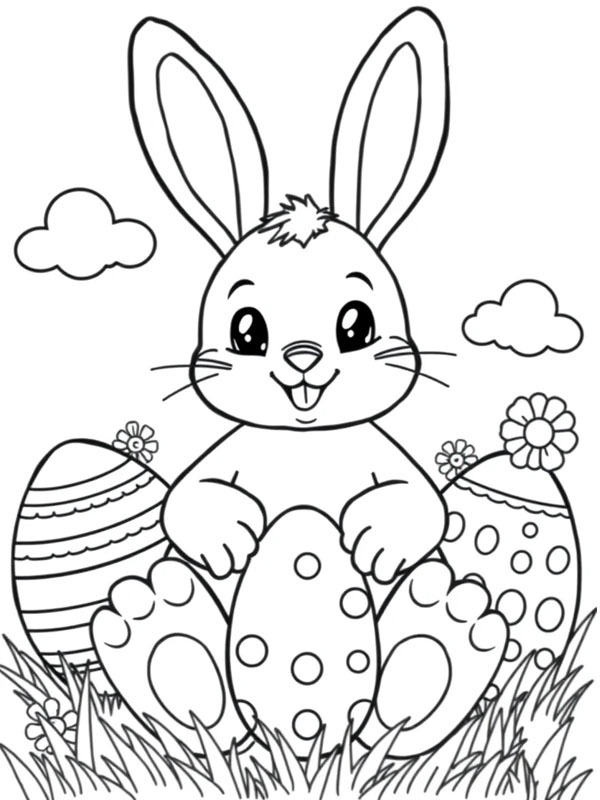Easter Bunny among the Easter eggs Colouring page