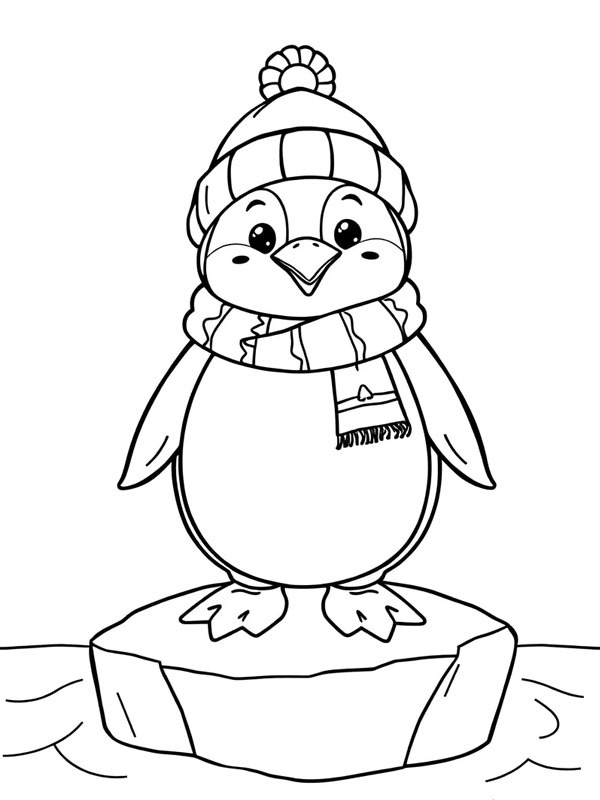 Penguin with hat and scarf Colouring page