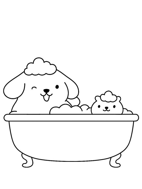 Pompompurin and Muffin in the bath Colouring page
