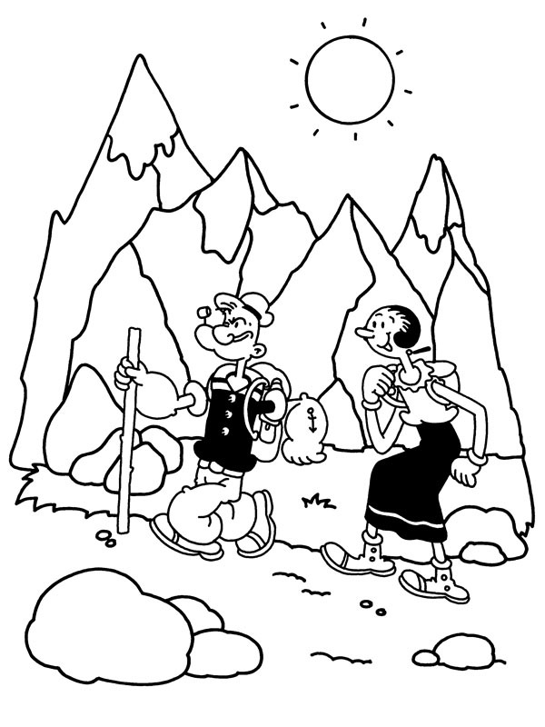Popeye and Olive walk through the mountains Colouring page