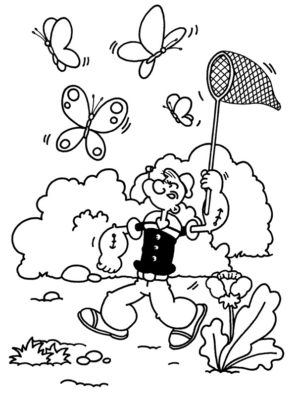 Popeye catches butterflies Colouring page