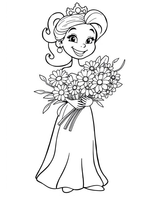 Princess with a bouquet of flowers Colouring page Princess with a bouquet of flowers Colouring page