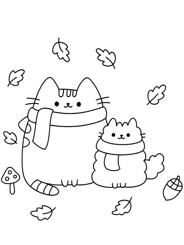 Pusheen and Stormy the cat in autumn Colouring page