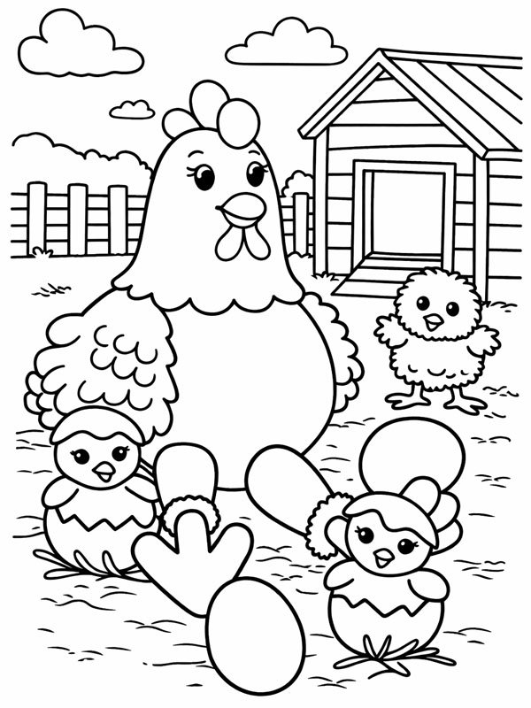 Cute chicken with chicks Colouring page