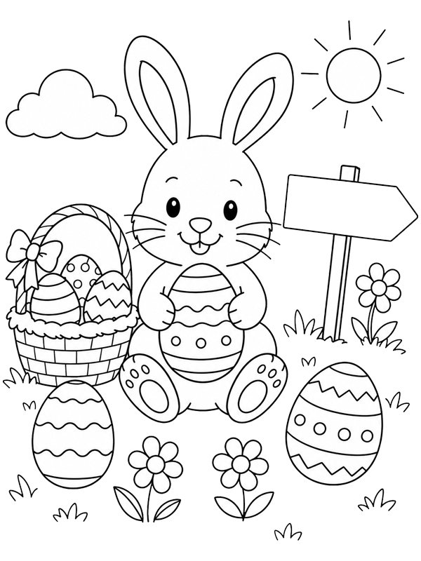 Cute Easter bunny with eggs and flowers Colouring page Cute Easter bunny with eggs and flowers Colouring page