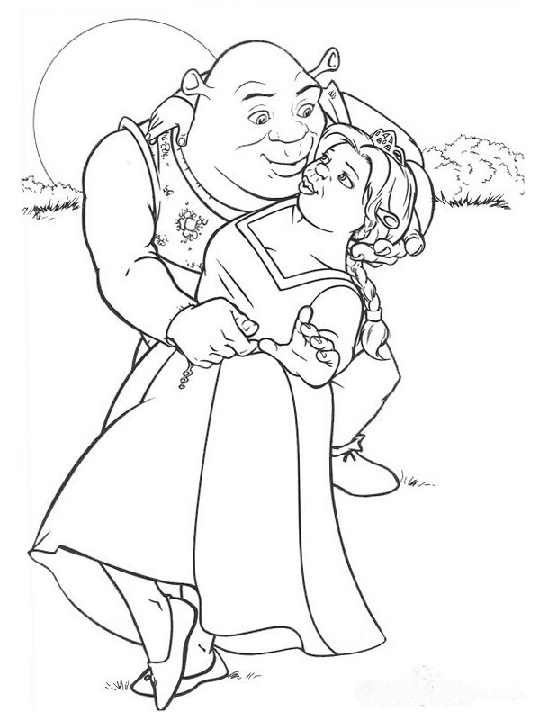 Shrek and the old woman dancing Colouring page