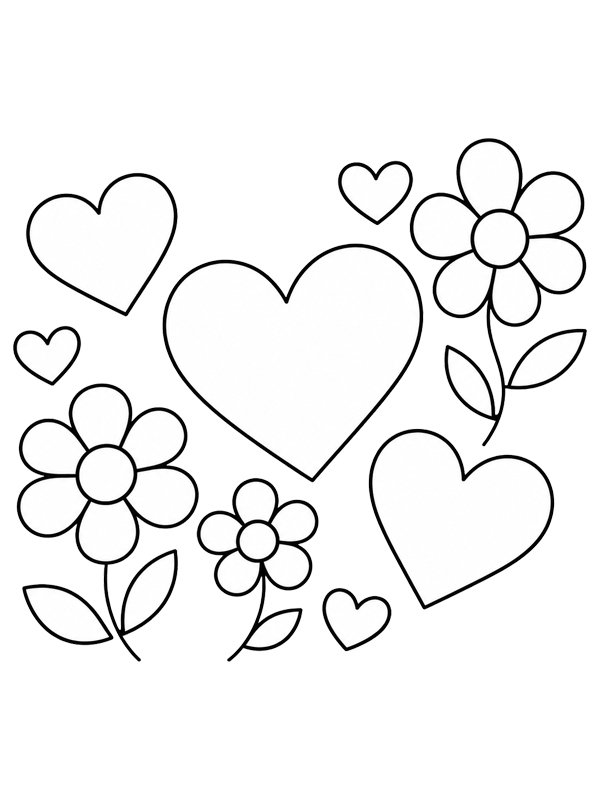 Simple hearts and flowers Colouring page