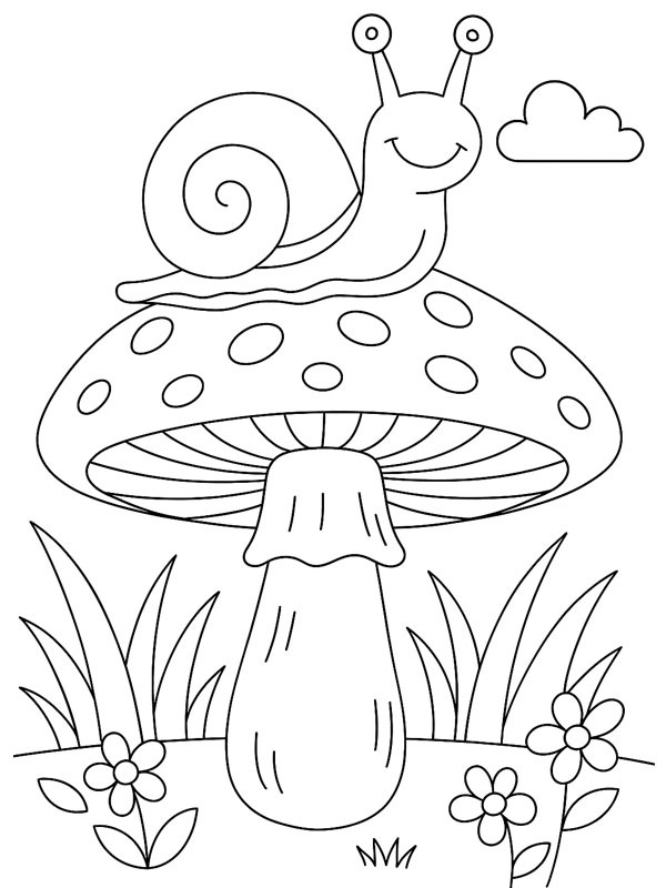 Snail on mushroom Colouring page