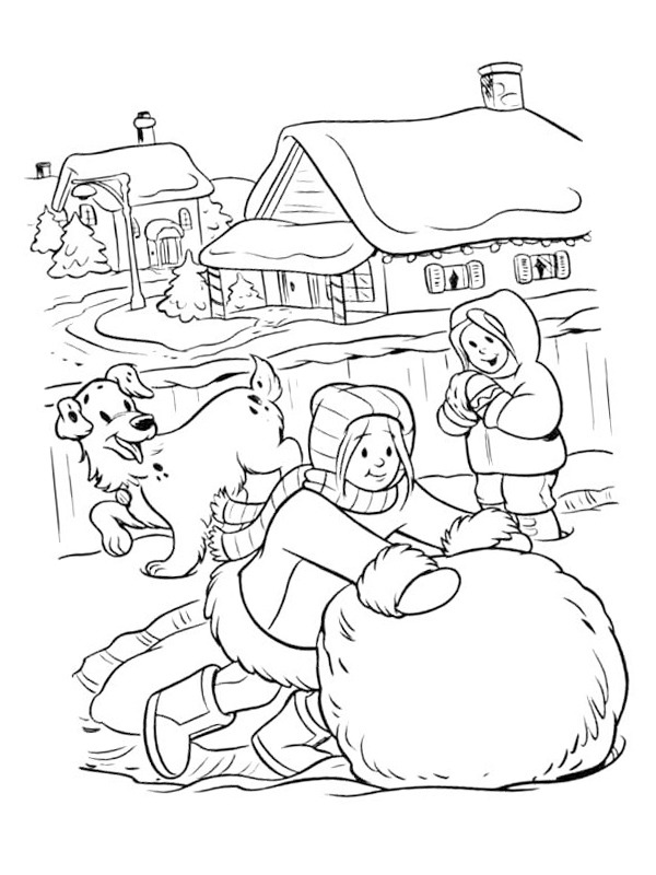 Boy rolling a snowball Colouring page