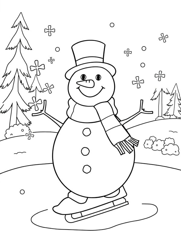 Snowman on ice skates Colouring page