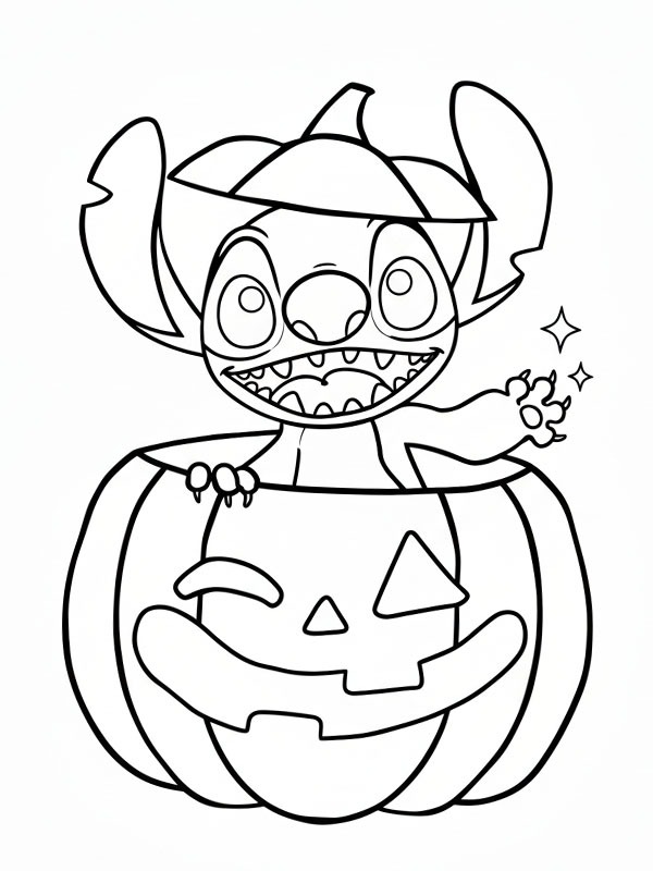 Stitch in Halloween pumpkin Colouring page