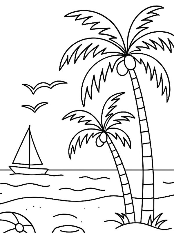 Beach with palm trees Colouring page