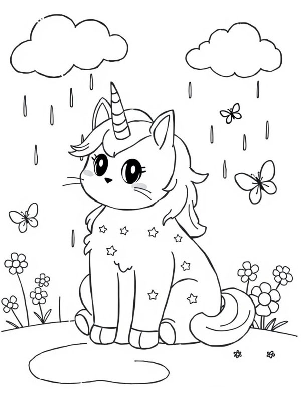 Unicorn cat in the rain Colouring page