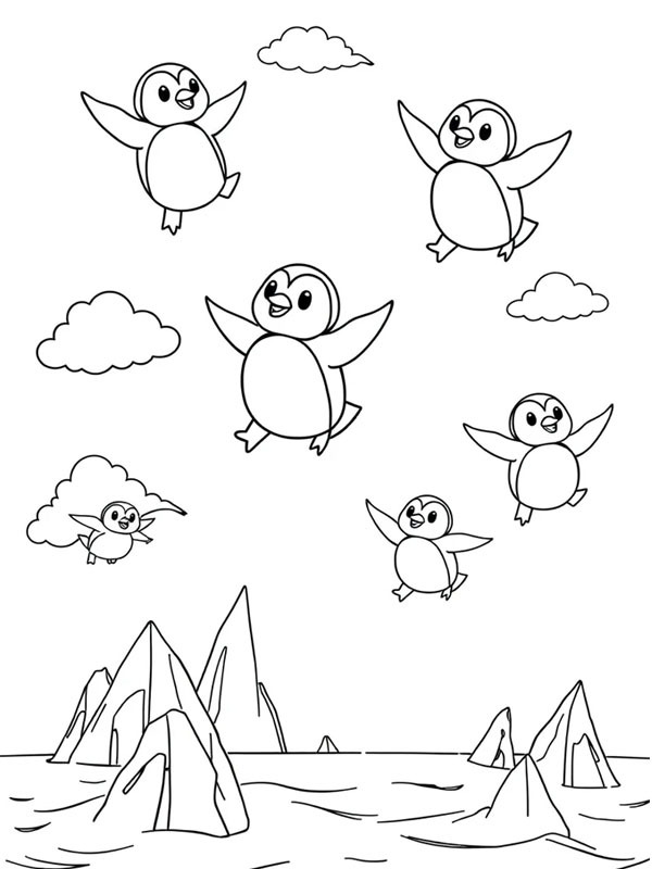 Flying penguins Colouring page