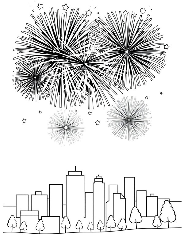 Fireworks in the city Colouring page