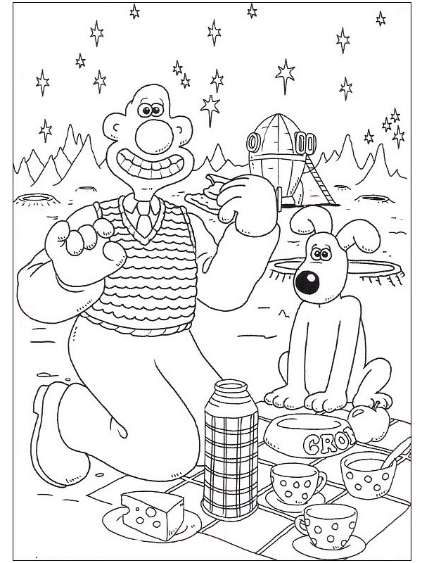 Wallace and Gromit having a picknick Colouring page