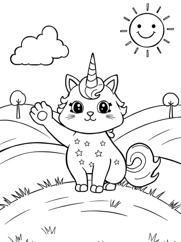 Waving unicorn cat Colouring page